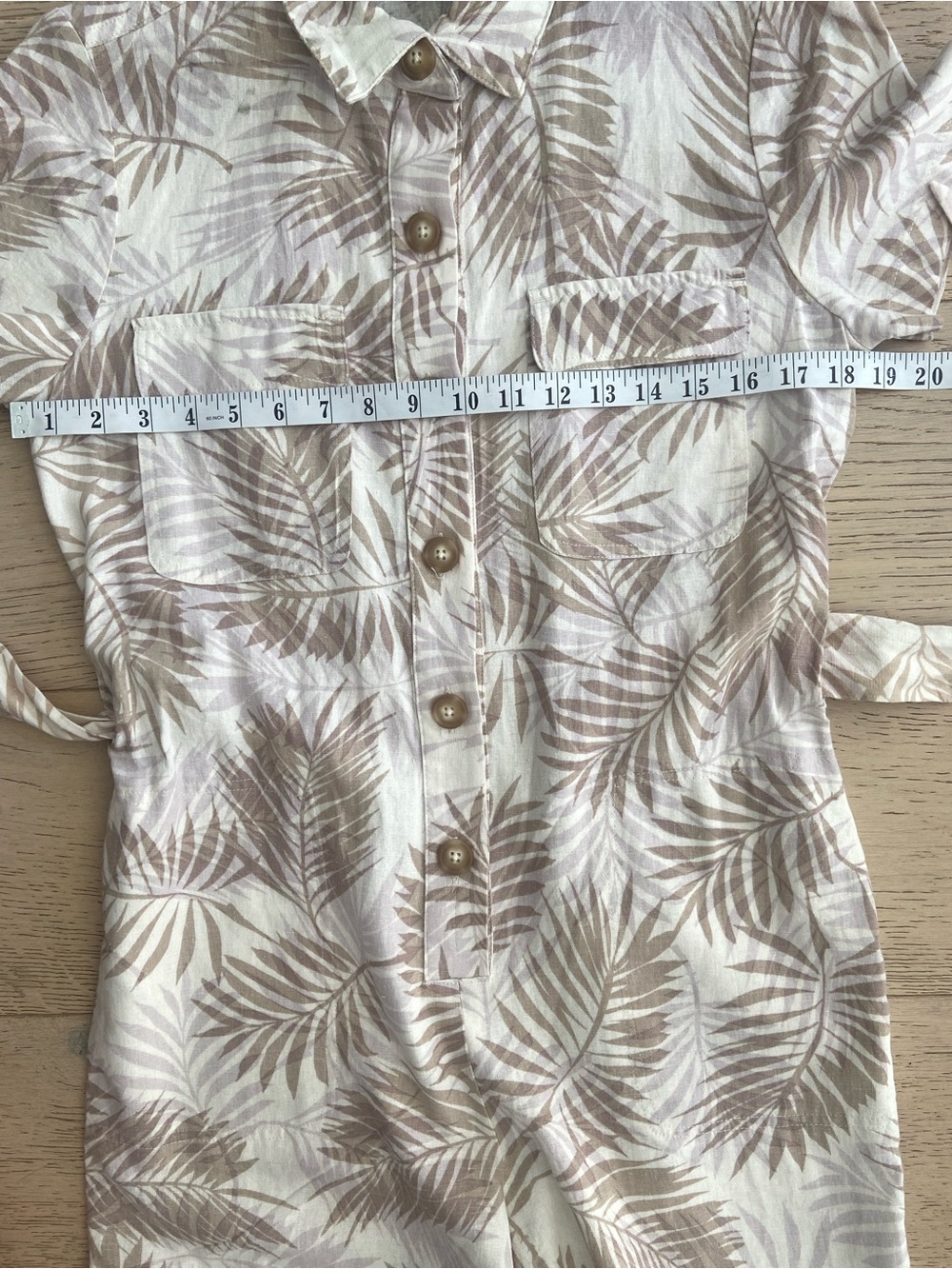 Linen Blend Romper Small Neutral Palm Print Tie Waist Pockets | Matty M - Picture 6 of 8
